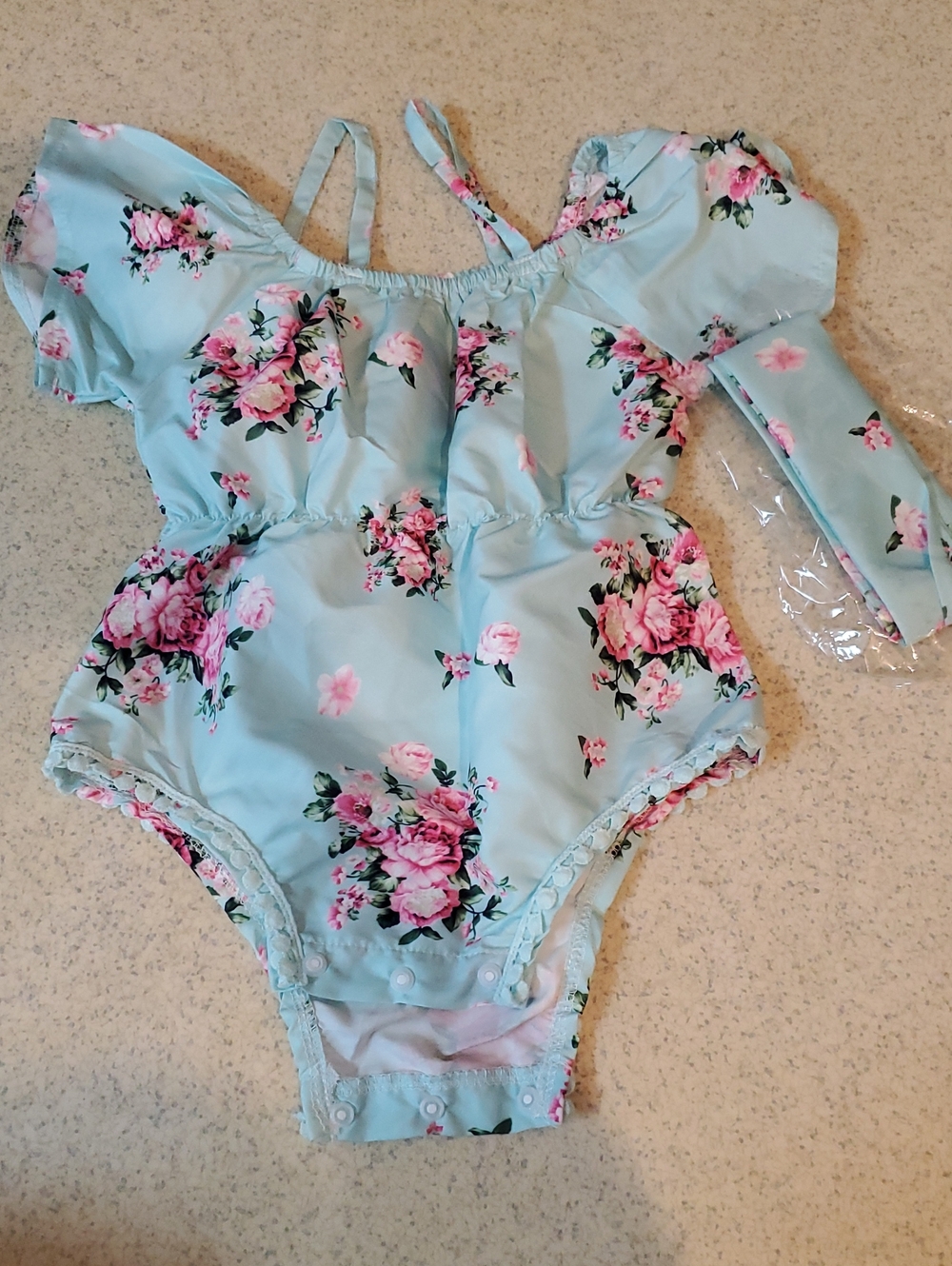 Floral Off-Shoulder One-Piece Light Blue with Pink Roses And Matching Bow